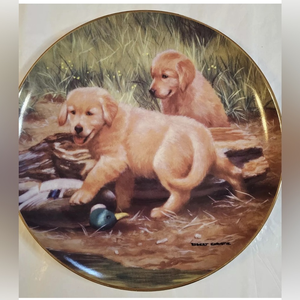 Franklin Mint “We Got Em” Golden Retriever Puppies Dog Plateby Robert Christie - Picture 4 of 4